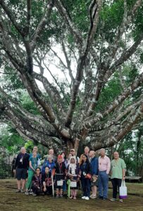 Participants of the Chiang Rai excursion gather for a group photo under a massive, ancient tree. The image shows a diverse group of people, including community members in traditional attire, standing alongside the visitors, symbolizing the connection between the local culture and the participants' learning journey through the upland regions of Chiang Rai.